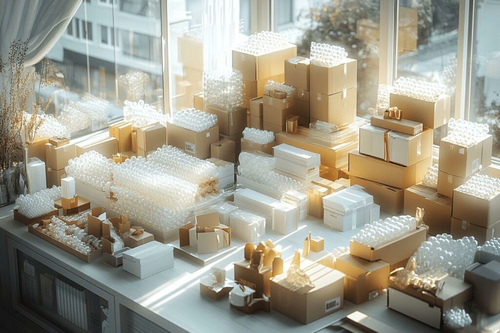 Nombreuses boîtes en carton avec protection en bulles près d'une fenêtre