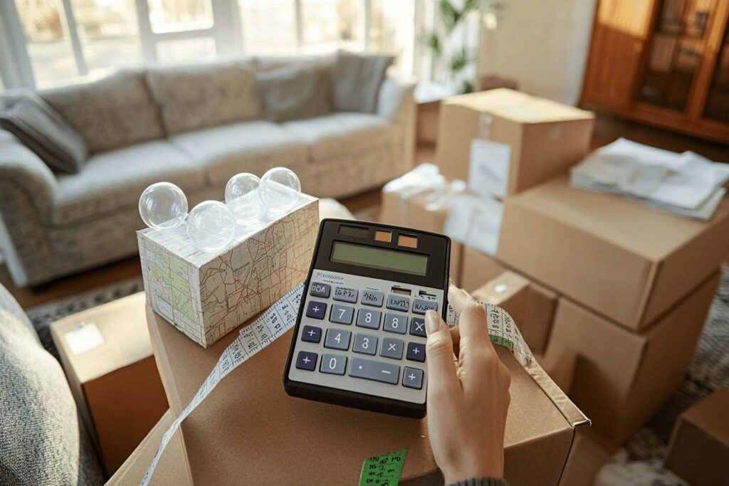 Calculatrice, boîtes et mètre ruban pour organisation de déménagement