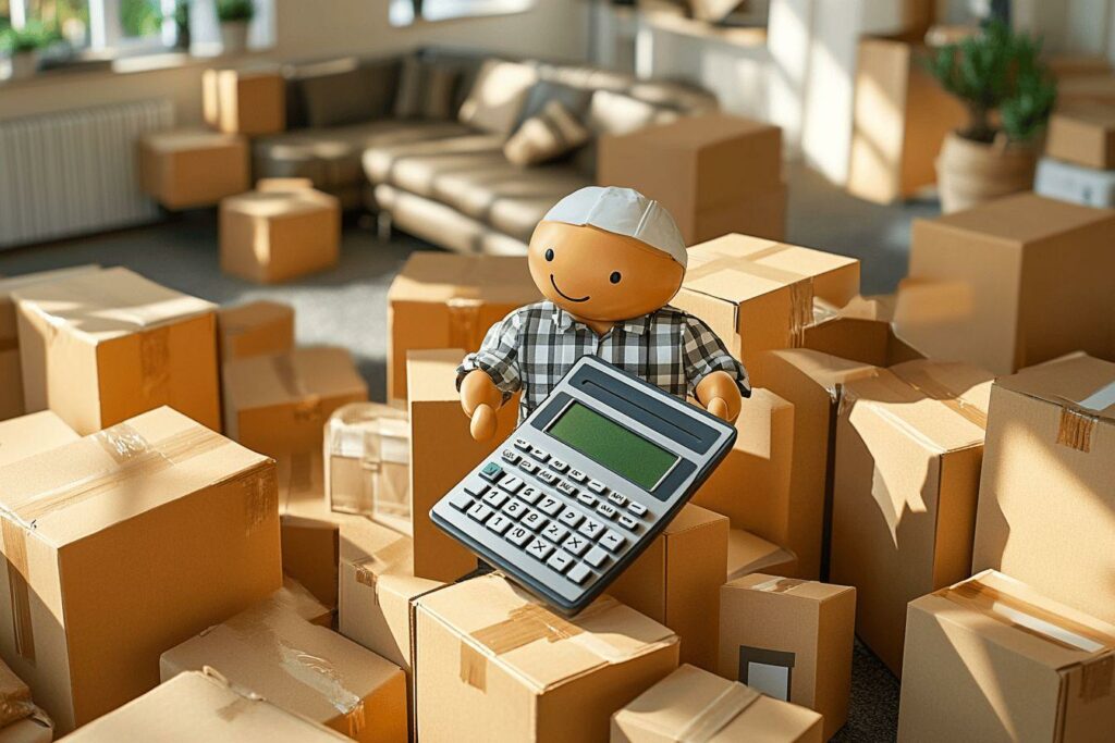 Personnage mignon calculant des coûts parmi des boîtes de carton
