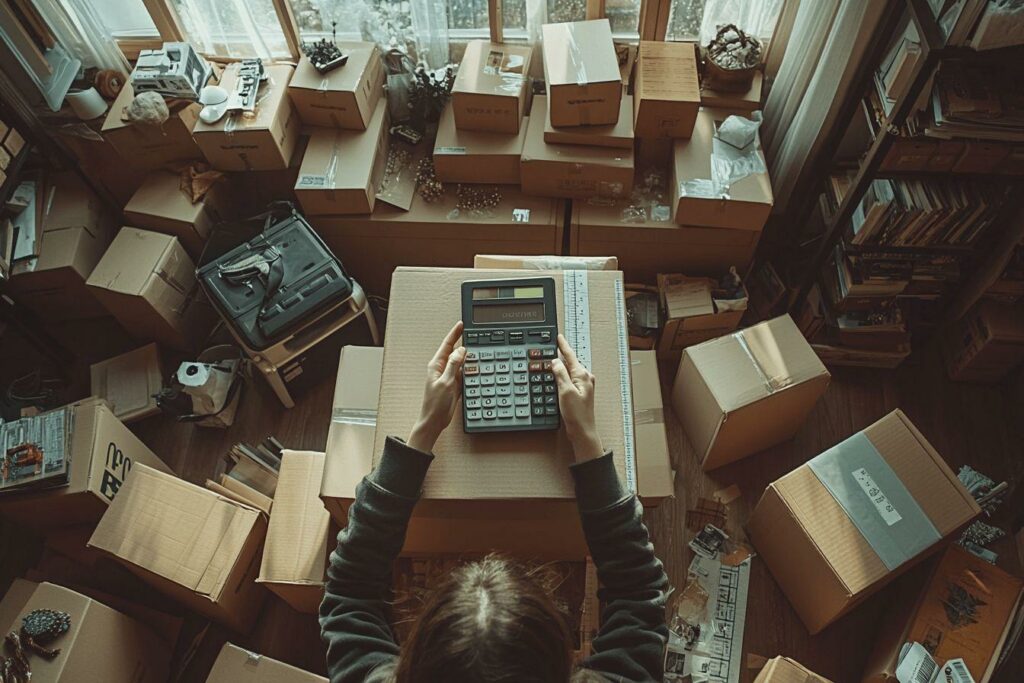 Calculatrice et cartons sur une table encombrée