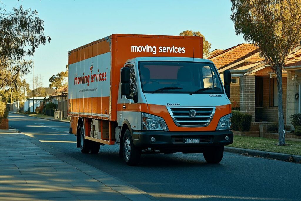 Camion de services de déménagement sur route résidentielle