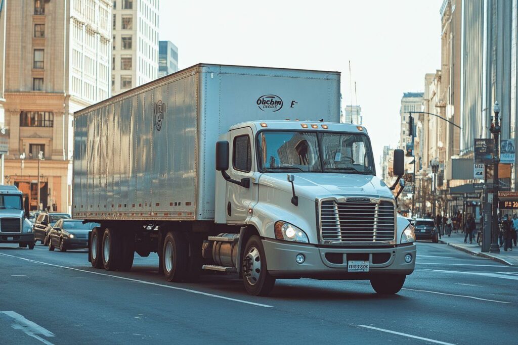 Camion blanc Bacbin circulant dans une rue urbaine