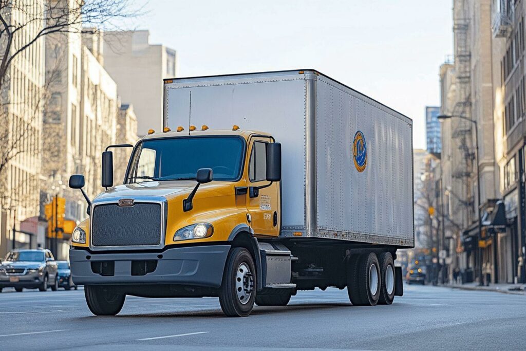 Grand camion jaune et blanc dans une rue de ville