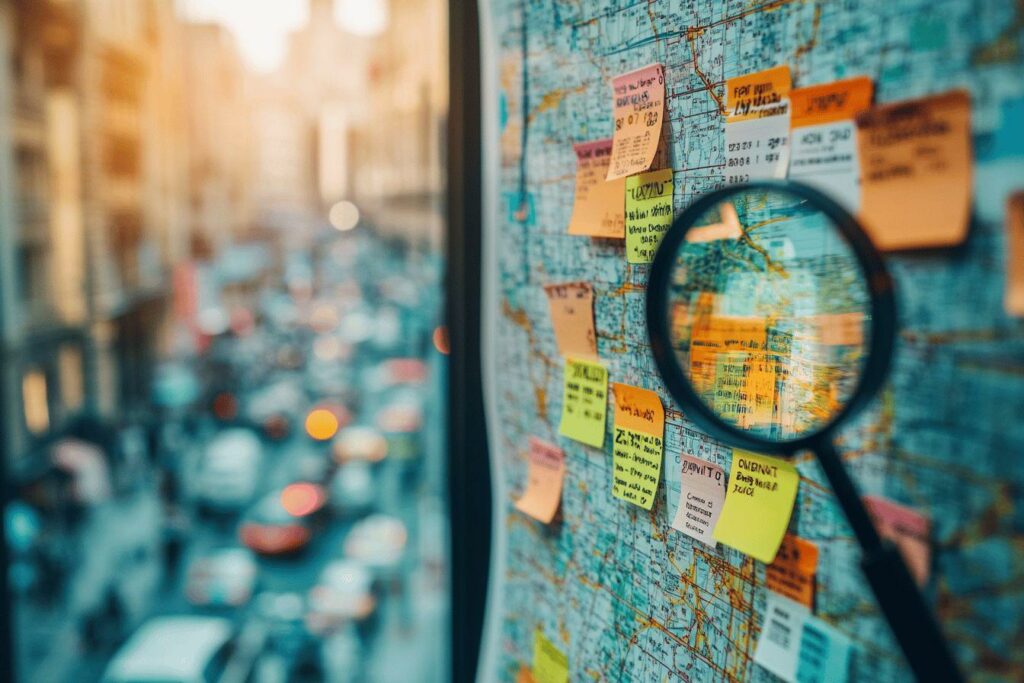 Carte géographique bleue avec des notes colorées et une loupe