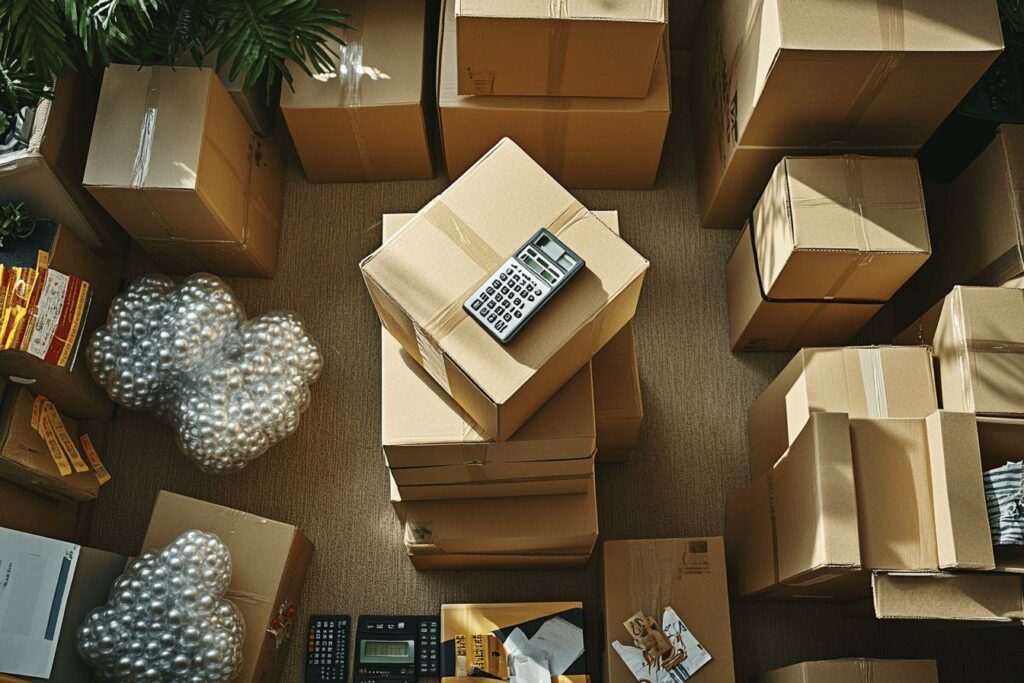 Cartons empilés avec calculatrices, objets décoratifs et plantes