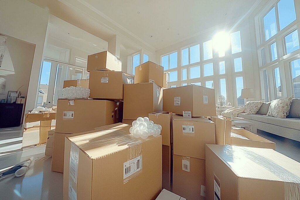 Pièce lumineuse remplie de boîtes en carton prêtes à être déplacées