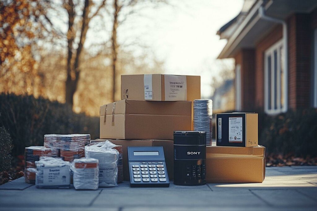 Boîtes d'expédition et appareil électronique sur le trottoir en automne