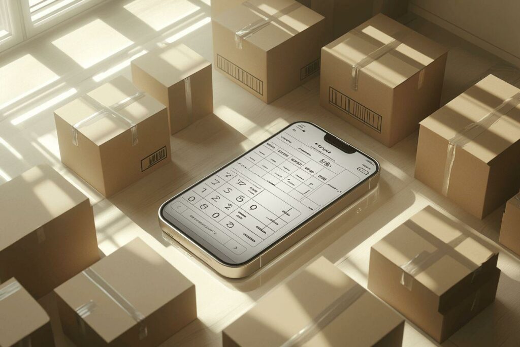 Smartphone entouré de boîtes en carton dans une lumière douce