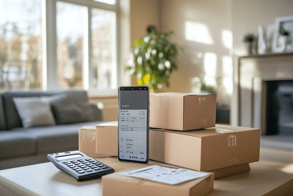 Boîtes en carton, smartphone, calculatrice sur une table lumineuse