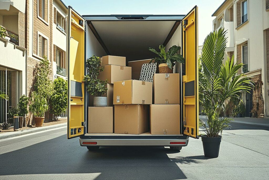 Camion de déménagement chargé de cartons et de plantes