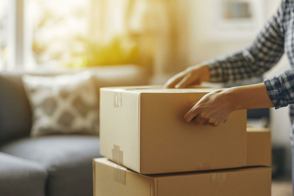 Mains déplaçant des boîtes en carton dans un intérieur lumineux