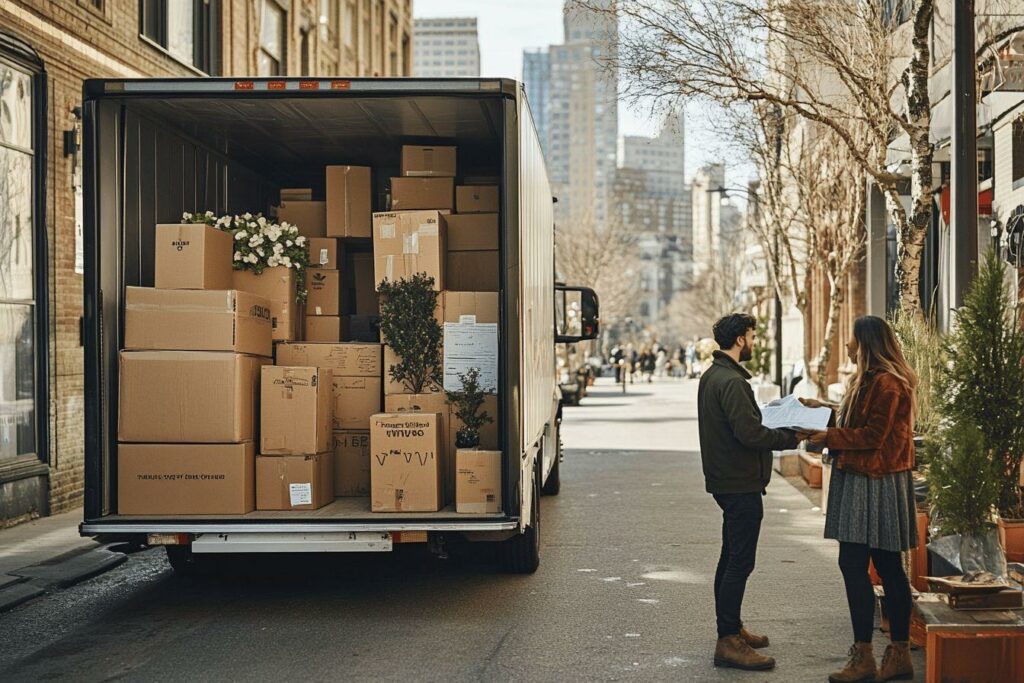 Camion de déménagement chargé avec deux personnes discutant