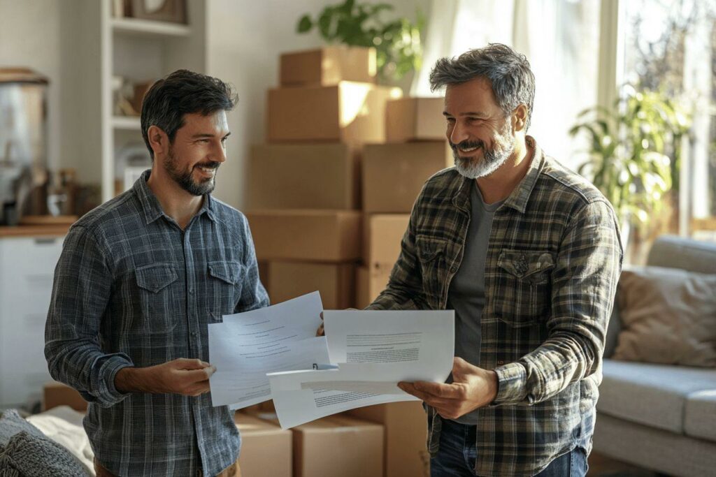 Deux hommes signant des documents entourés de boîtes de déménagement
