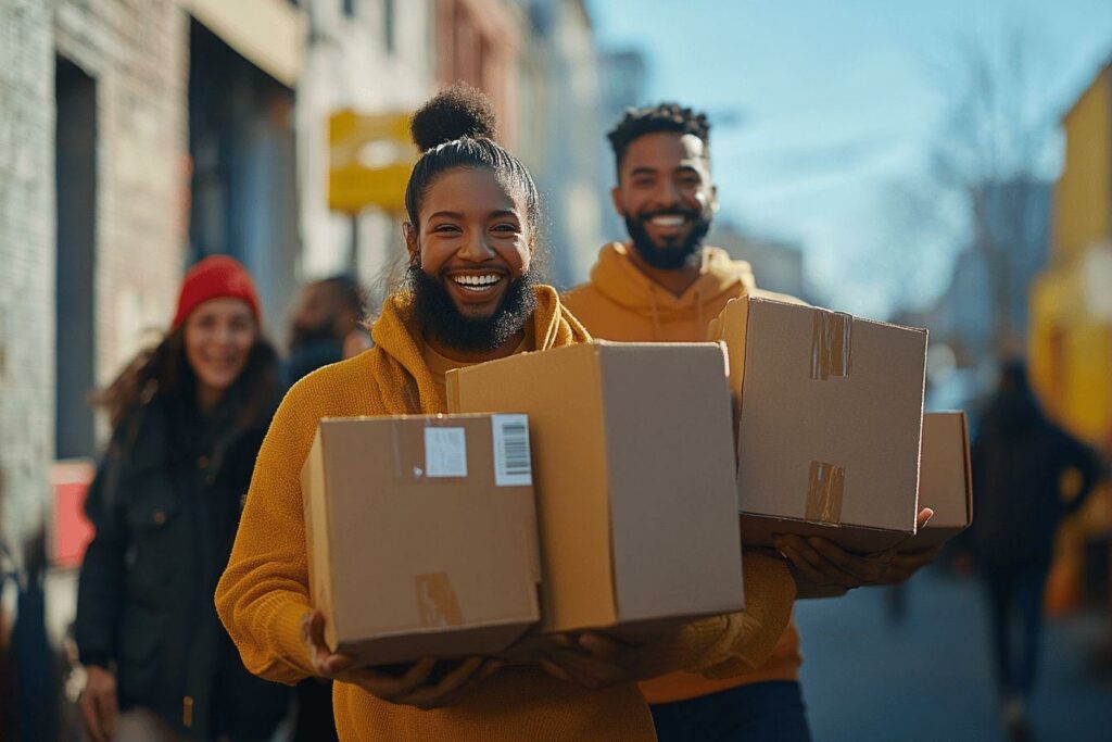 Deux personnes souriantes portant des boîtes de déménagement