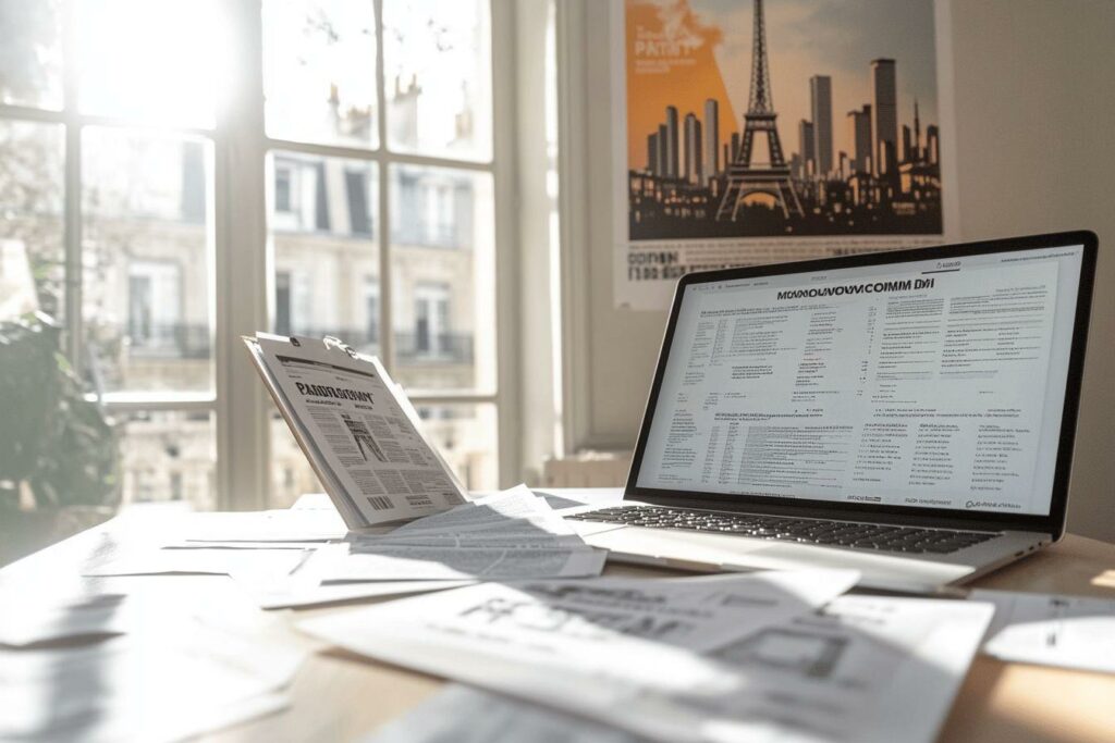 Ordinateur portable et journal près de la fenêtre avec affiche de Paris