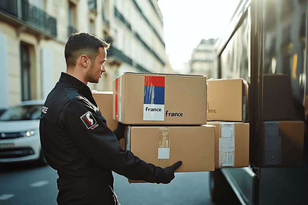 Agent en uniforme noir transportant des boîtes postales françaises