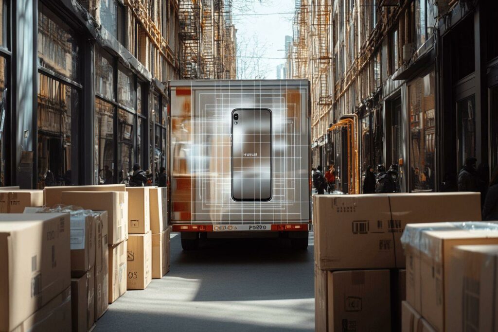 Camion de livraison avec smartphone géant entre boîtes
