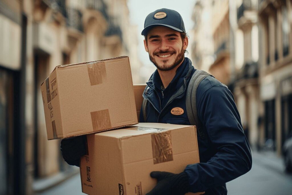 Employé de livraison souriant avec des colis dans une rue