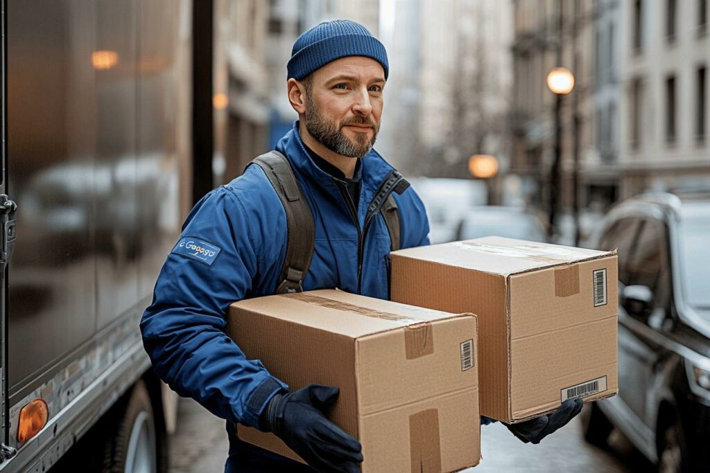 Livreur en bleu portant deux boîtes dans la rue