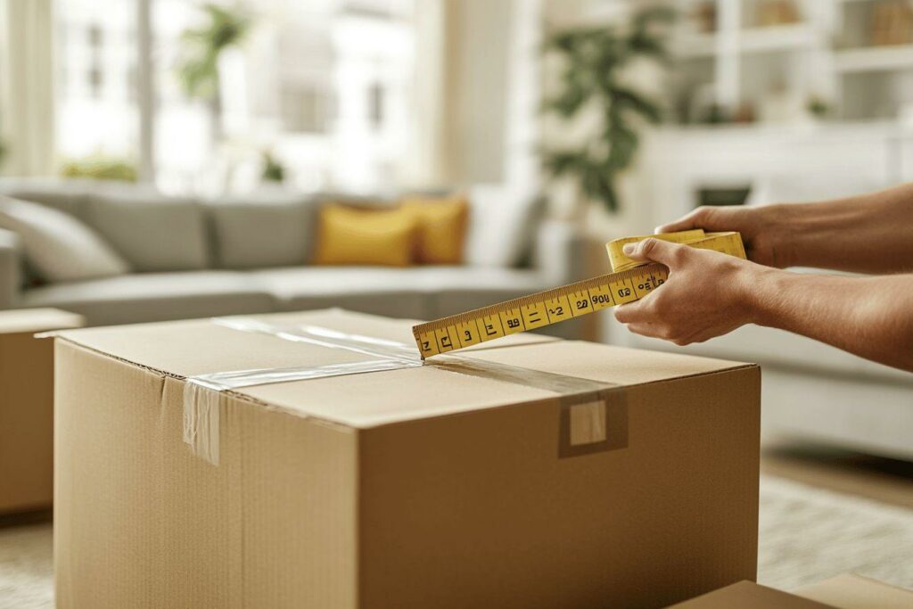 Main mesurant une boîte en carton avec un mètre ruban