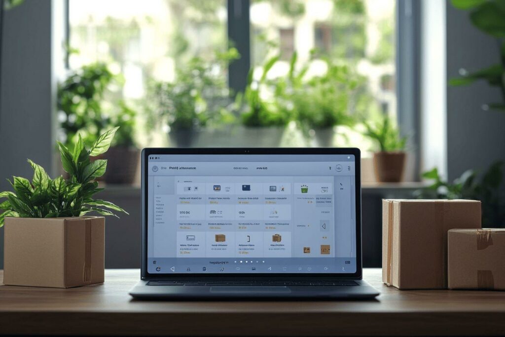 Ordinateur portable sur bureau avec plantes et boîtes en carton