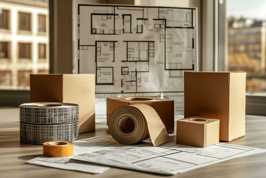 Rouleaux de ruban et boîtes sur des plans architecturaux