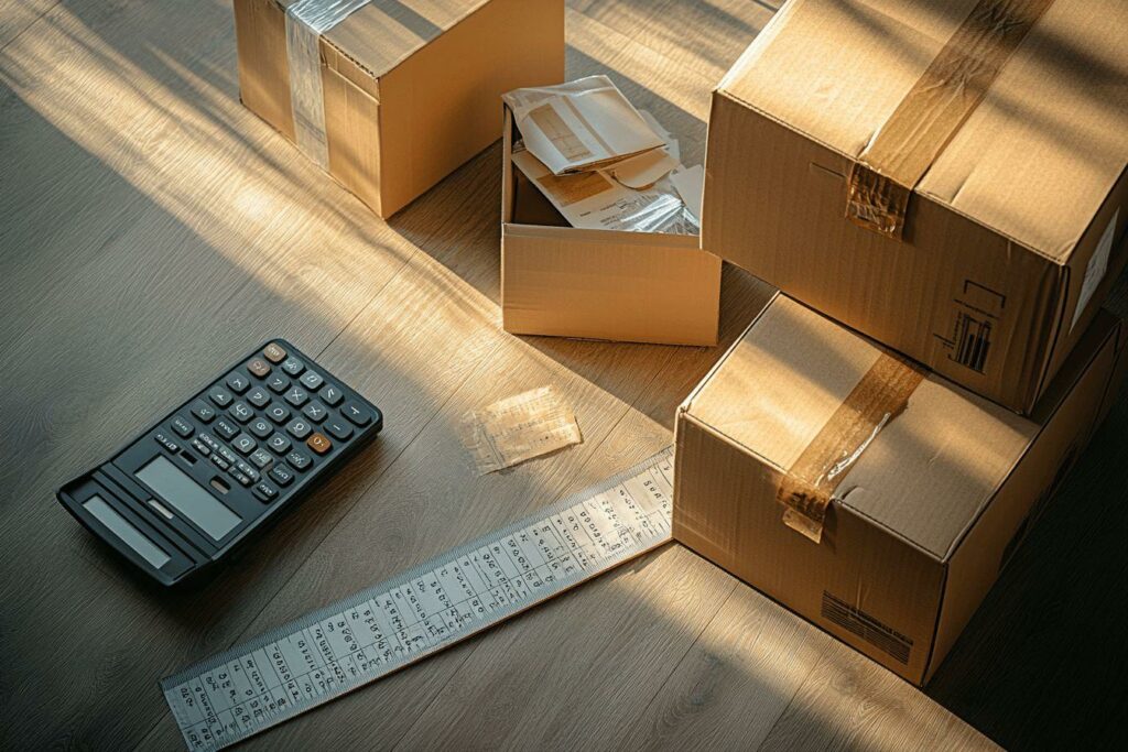 Boîtes en carton, calculatrice et règle sur un bureau en bois