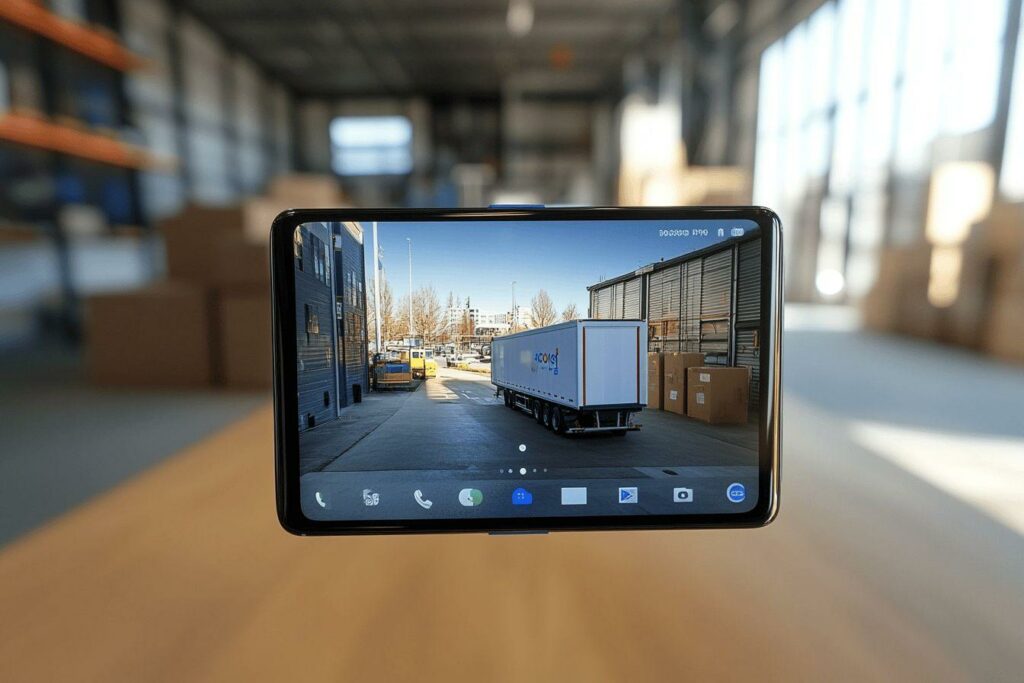 Écran de tablette montrant un camion dans un entrepôt logistique