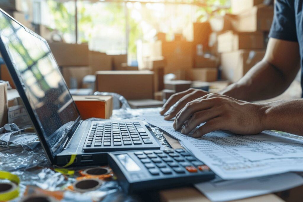 Ordinateur, calculatrice et documents sur un bureau avec boîtes